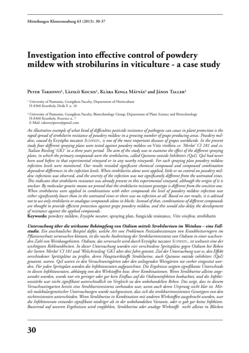 Investigation into effective control of powdery mildew with strobilurins in viticulture - a case study