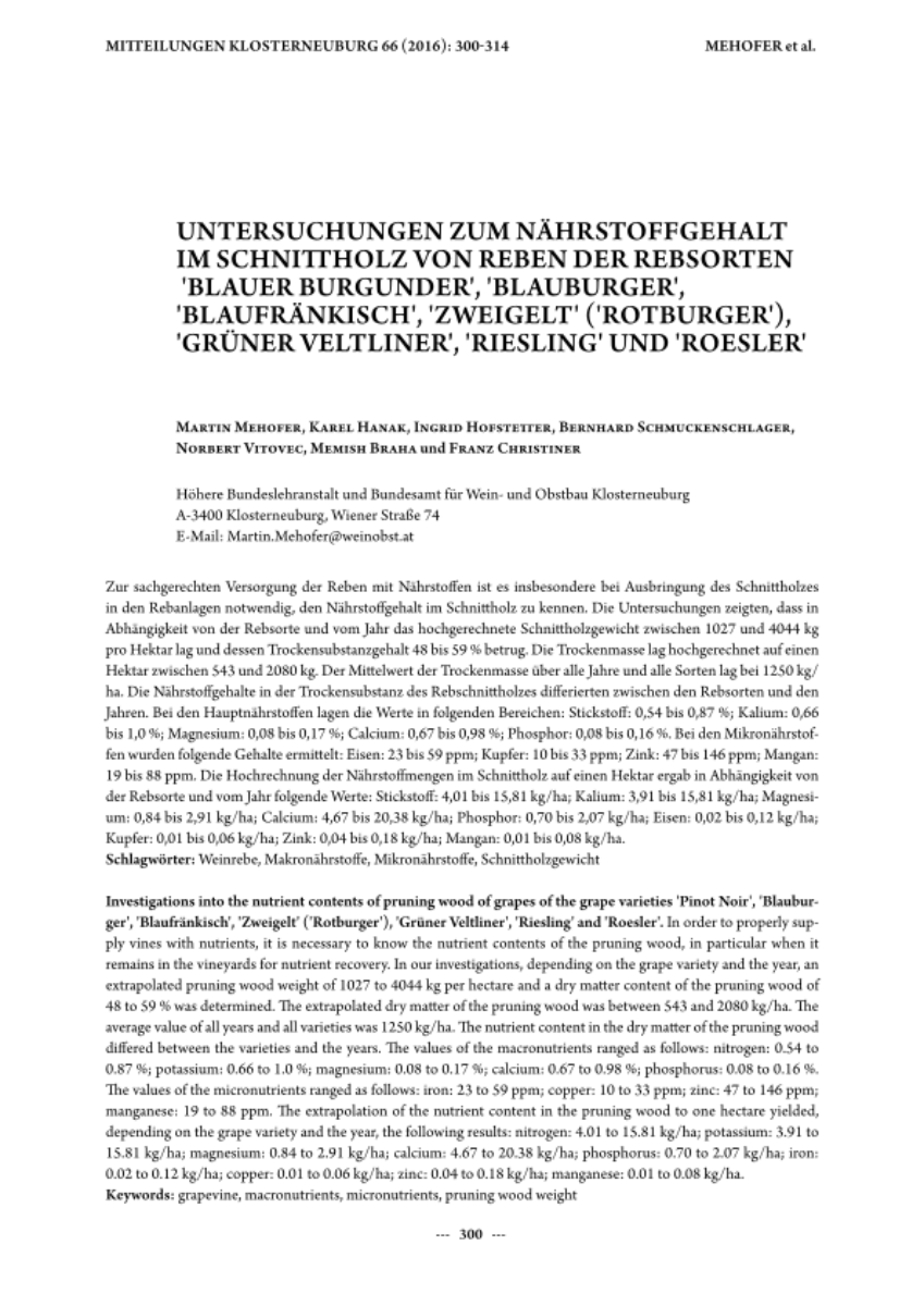 Untersuchungen zum Nährstoffgehalt im Schnittholz von Reben der Rebsorten 'Blauer Burgunder', 'Blauburger', 'Blaufränkisch', 'Zweigelt' ('Rotburger'), 'Grüner Veltliner', 'Riesling' und 'Roesler'