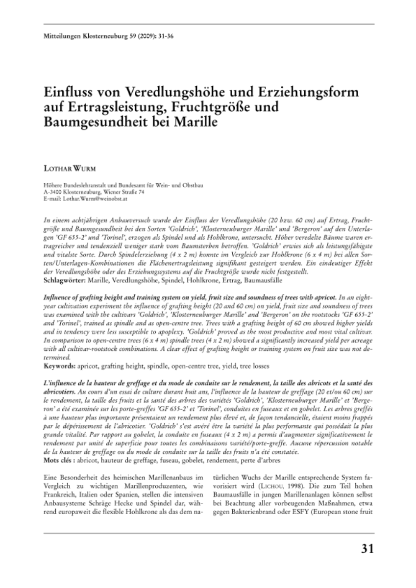 Einfluss von Veredlungshöhe und Erziehungsform auf die Ertragsleistung, Fruchtgröße und Baumgesundheit bei Marille