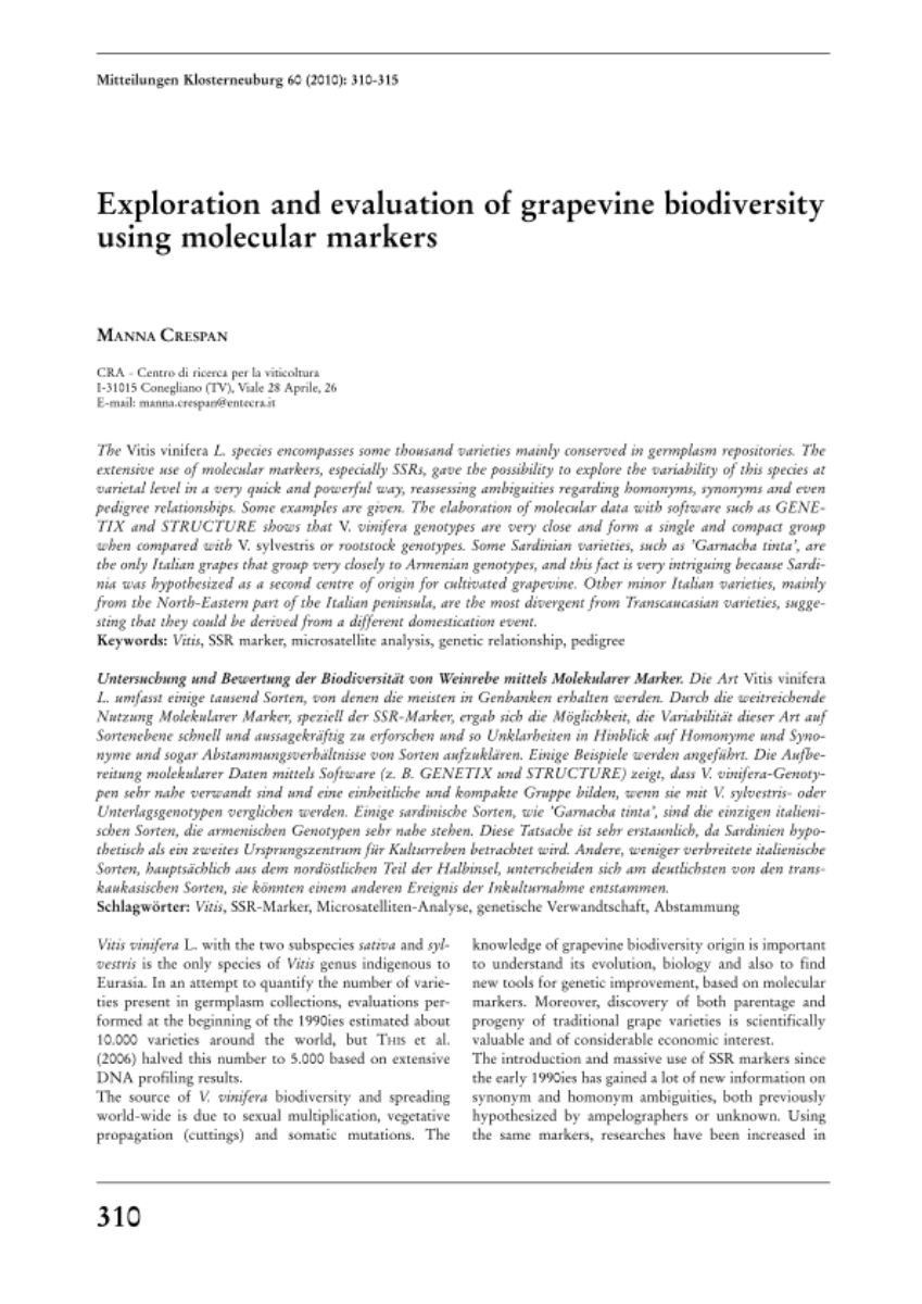 Exploration and evaluation of grapevine biodiversity using molcular markers