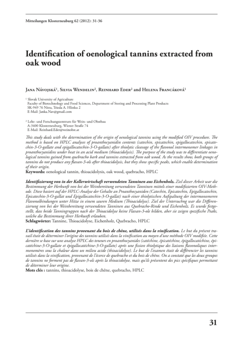 Identification of oenological tannins extracted from oak wood