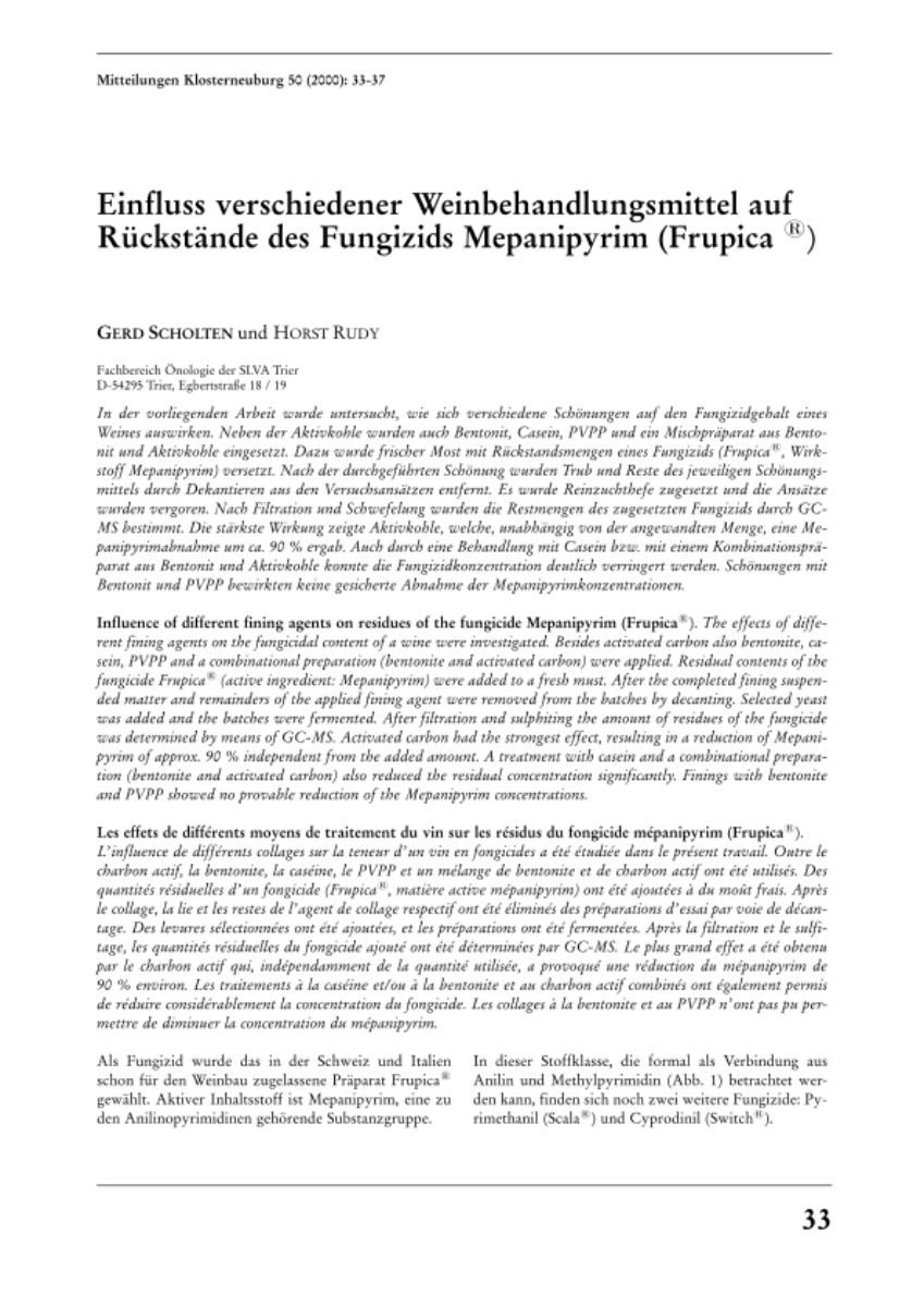Einfluss verschiedener Weinbehandlungsmittel auf Rückstände des Fungizids Mepanipyrim (Frupica)