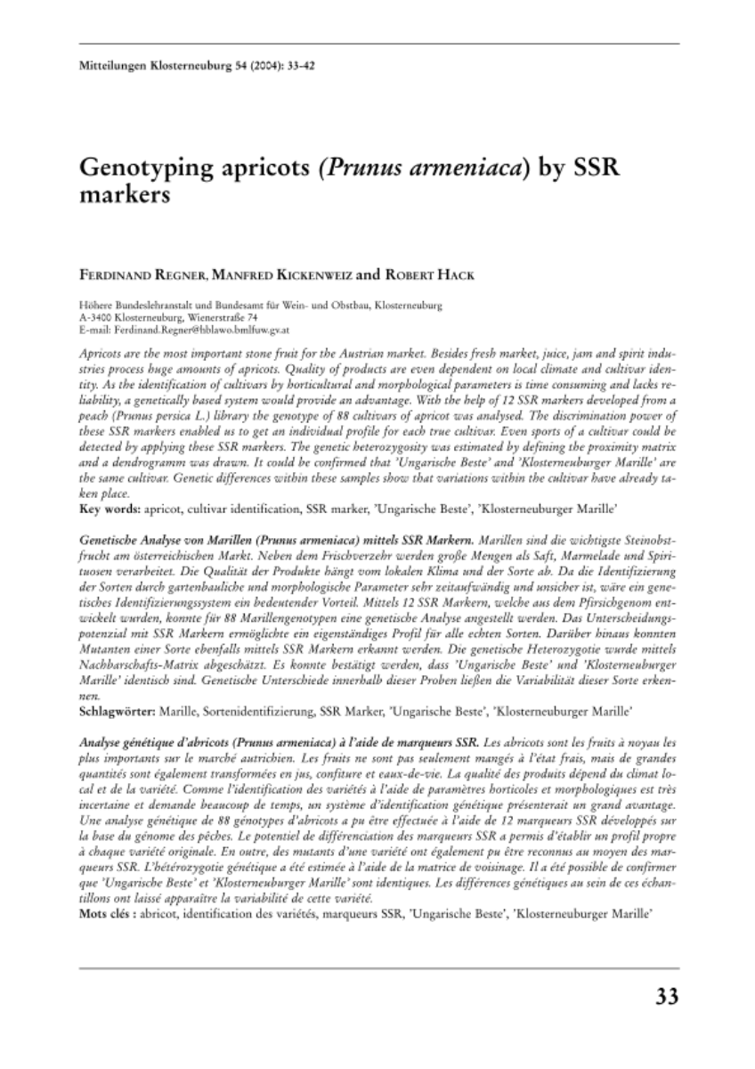 Genotyping apricots (Prunus armeniaca) by SSR markers