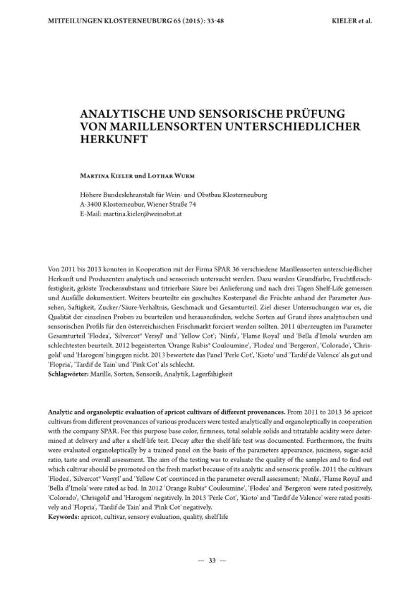 Analytische und sensorische Prüfung von Marillensorten unterschiedlicher Herkunft