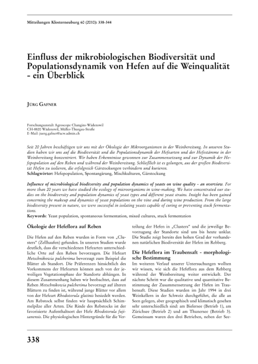 Einfluss der mikrobiologsichen Biodiversität und Populationsdynamik von Hefen auf die Weinqualität