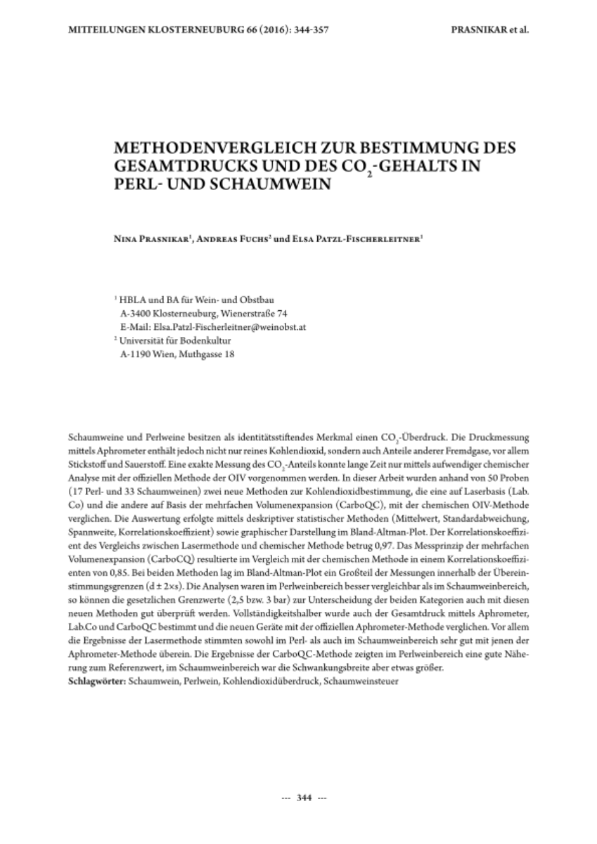 Methodenvergleich zur Bestimmung des Gesamtdrucks und des CO2-Gehalts in Perl- und Schaumwein