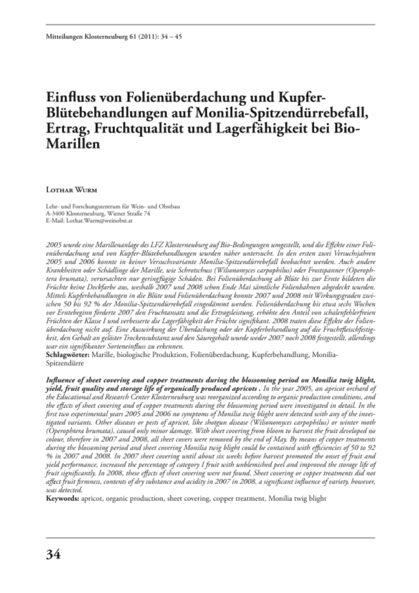 Einfluss von Folienüberdachung und Kupfer-Blütebehandlungen auf Monilia-Spitzendürrebefall, Ertrag, Fruchtqualität und Lagerfähigkeit bei Bio-Marillen