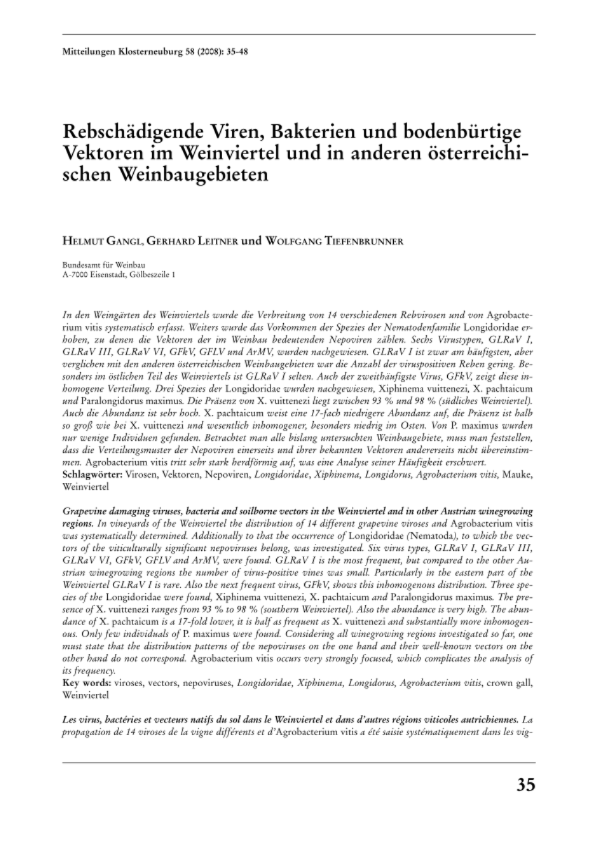 Rebschädigende Viren, Bakterien und bodenbürtige Vektoren im Weinviertel und in anderen österreichsichen Weinbaugebieten