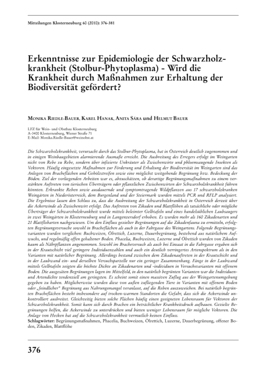 Erkenntnisse zur Epidemiologie der Schwarzholzkrankheit (Stolbur-Phytoplasma) - Wird die Krankheit durch Maßnahmen zur Erhaltung der Biodiversität gefördert?