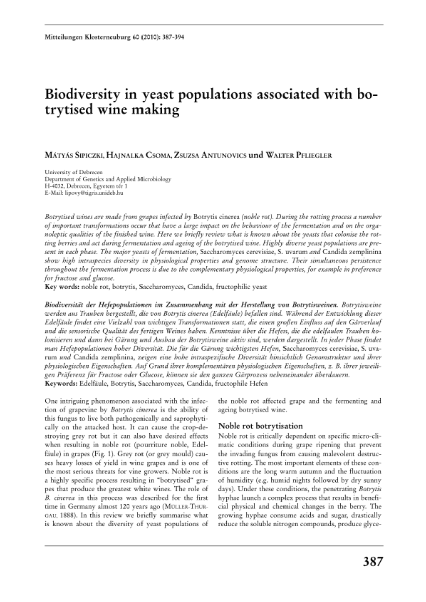 Biodiversity in yeast populations associated with botrytised wine making