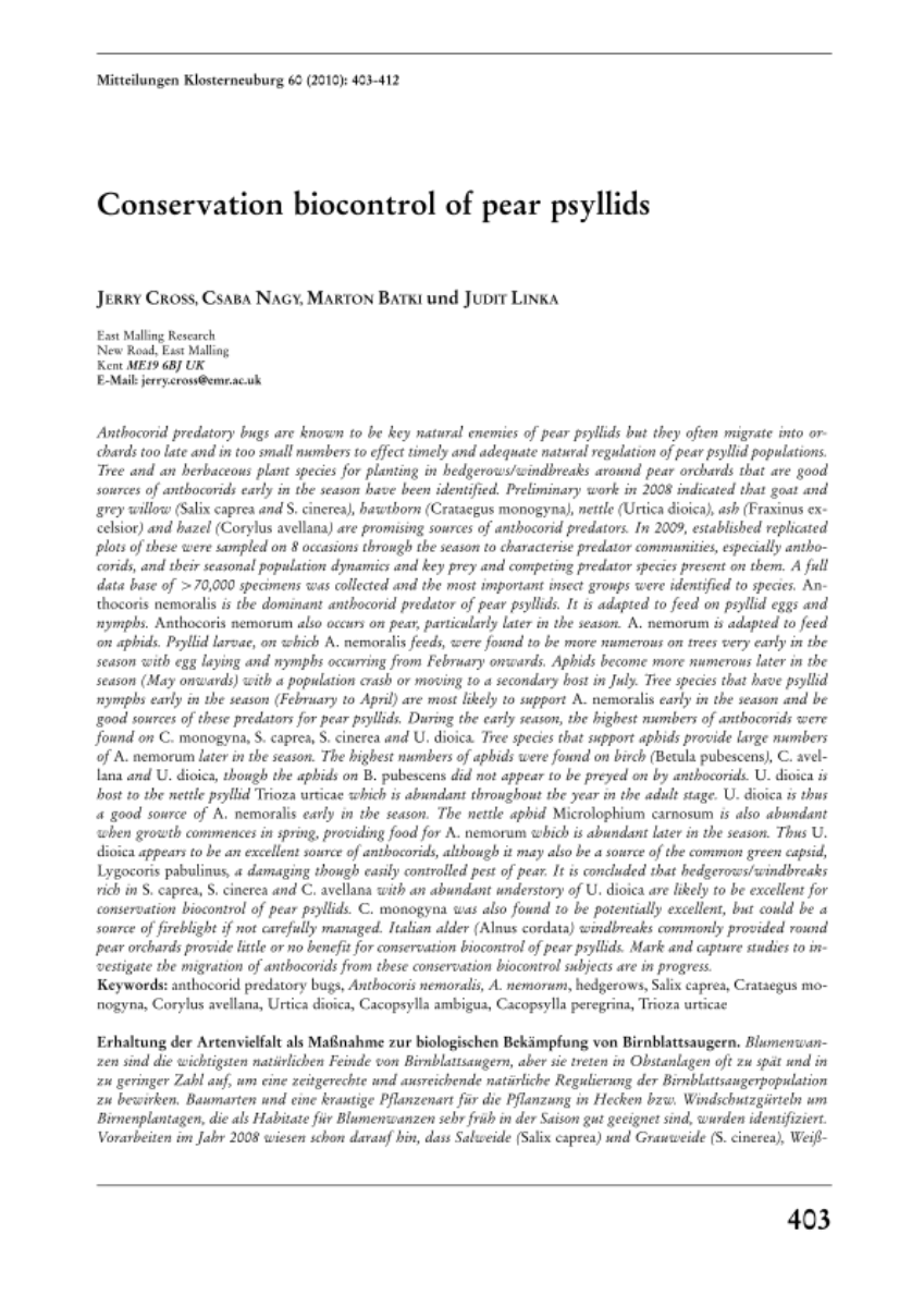 Conservation biocontrol of pear psyllids