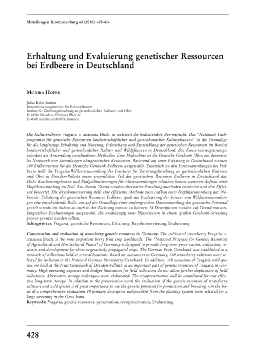 Erhaltung und Evaluierung genetischer Ressourcen bei Erdbeere in Deutschland