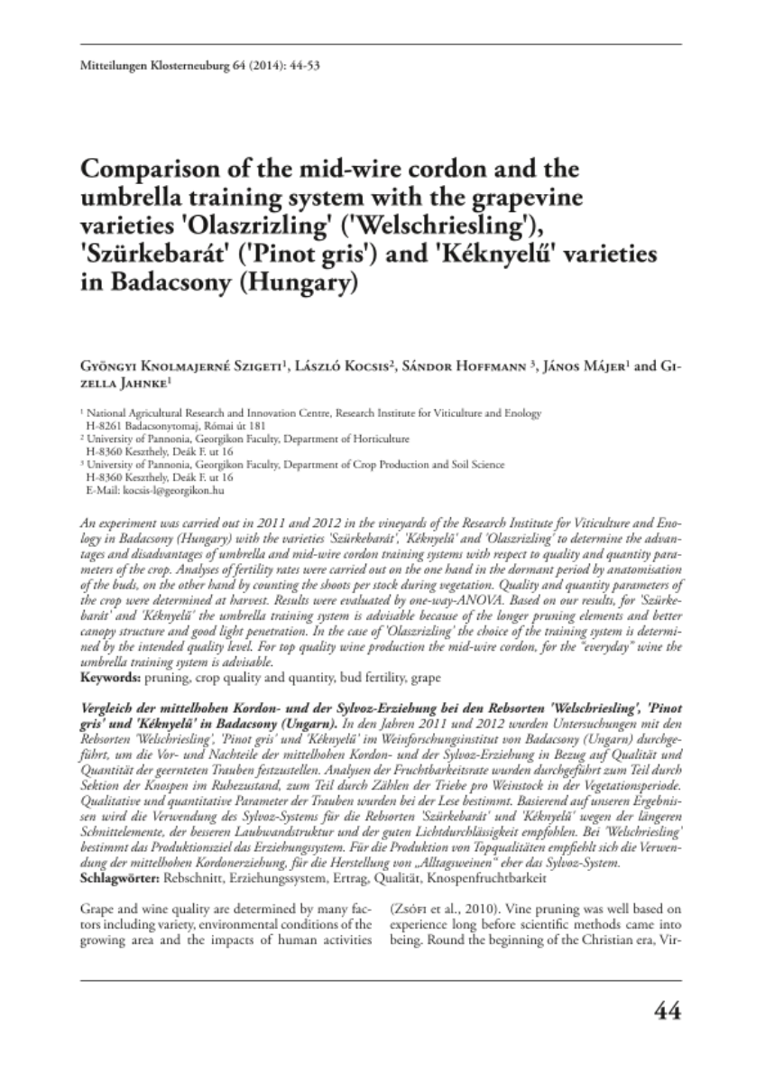 Comparison of the mid-wire cordon and the umbrella training system with the grapevine varieties ‘Olaszrizling’ (‘Welschriesling’), ‘Szürkebarat’ (‘Pinot gris’) and ‘Keknyelu’ varieties in Badacsony (Hungary