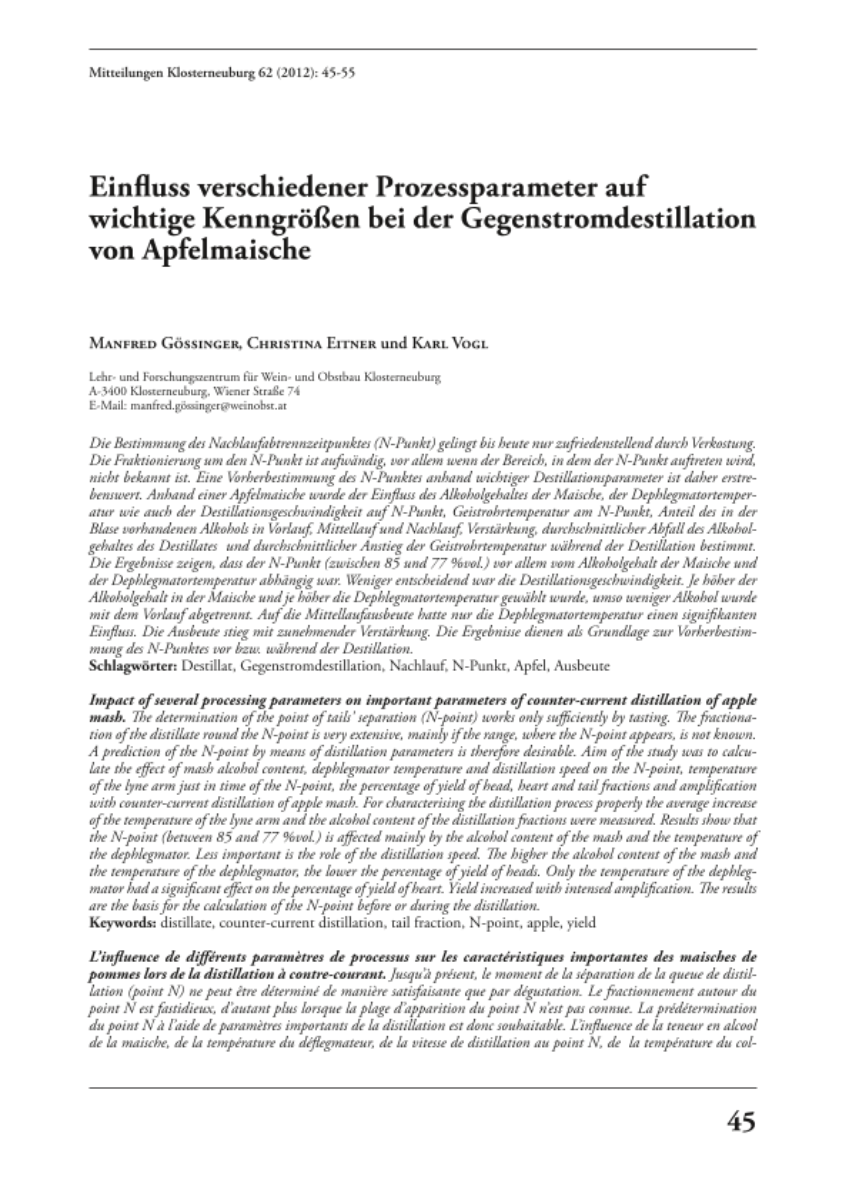 Einfluss verschiedener Prozessparameter auf wichtige Kenngrößen bei der Gegenstromdestillation von Apfelmaische