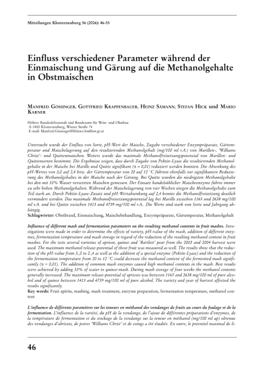 Einfluss verschiedener Parameter während der Einmaischung und Gärung auf die Methanolgehalte in Obstmaischen