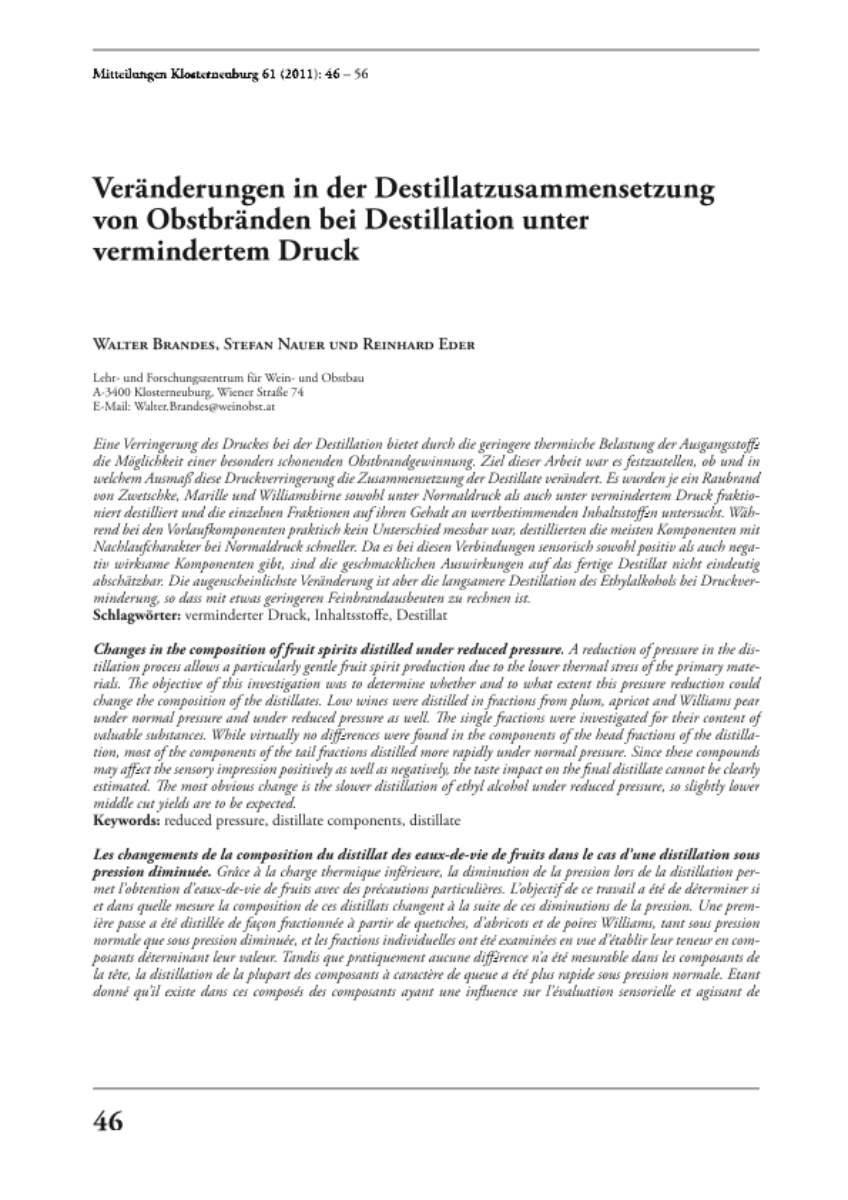 Veränderungen in der Destillatzusammensetzung von Obstbränden bei Destillation unter vermindertem Druck