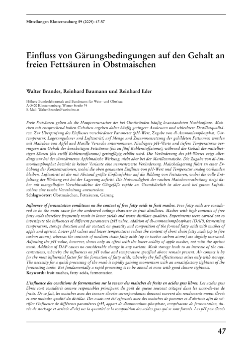 Einfluss von Gärungsbedingungen auf den Gehalt an freien Fettsäuren in Obstmaischen