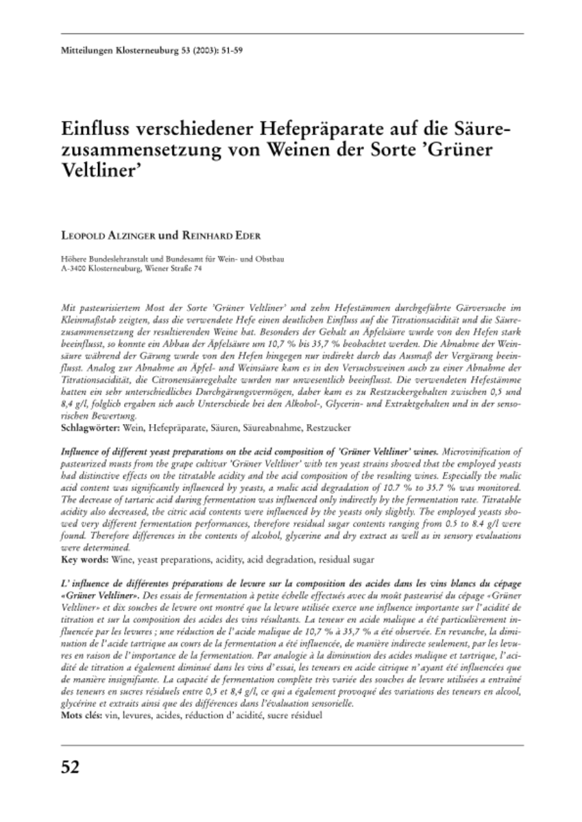 Einfluss verschiedener Hefepräparate auf die Säurezusammensetzung von Weinen der Sorte „Grüner Veltliner“