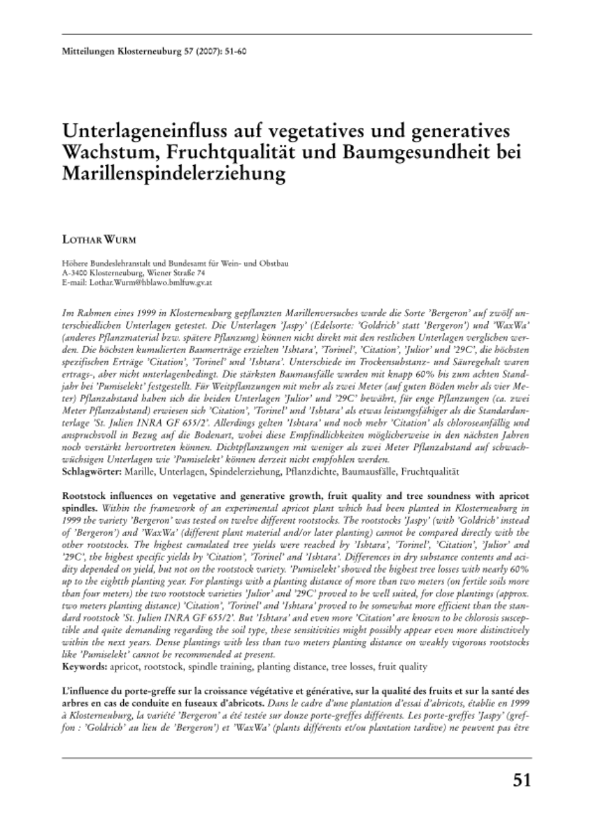 Unterlageneinfluss auf vegetatives und generatives Wachstum, Fruchtqualität und Baumgesundheit bei Marillenspindelerziehung
