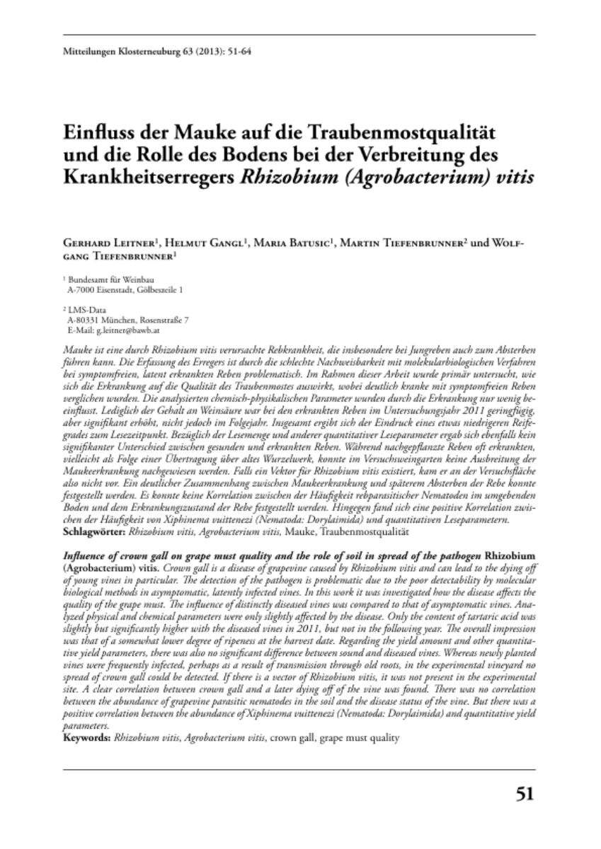 Einfluss der Mauke auf die Traubenmostqualität und die Rolle des Bodens bei der Verbreitung des Krankheitserregers Rhizobium (Agrobacterium) vitis