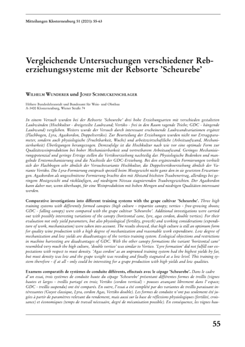 Vergleichende Untersuchungen verschiedener Reberziehungssysteme mit der Rebsorte „Schreurebe“