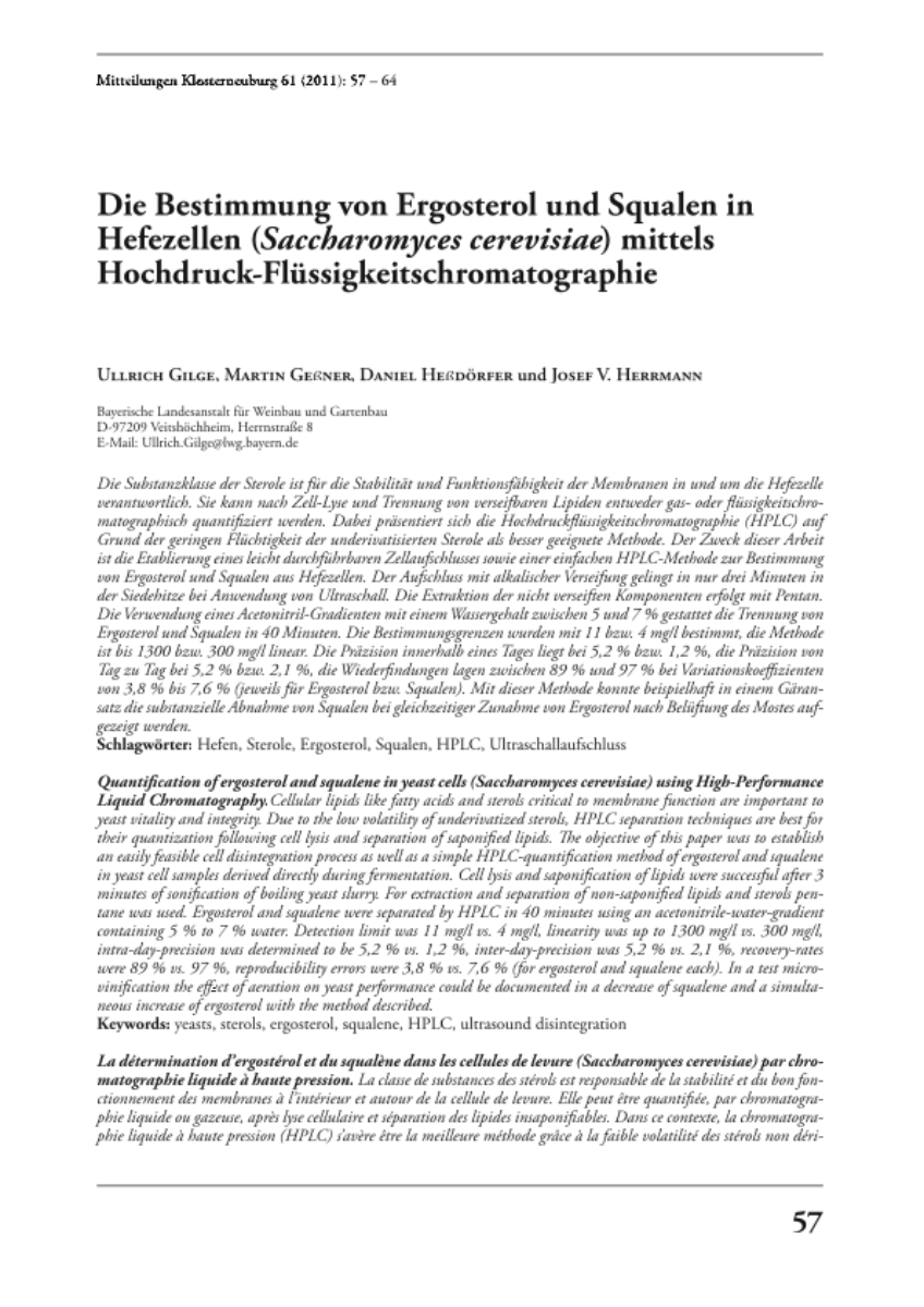 Die Bestimmung von Ergosterol und Squalen in Hefezellen (Saccharomyces cerevisiae) mittels Hochdruck-Flüssigkeitschromatographie