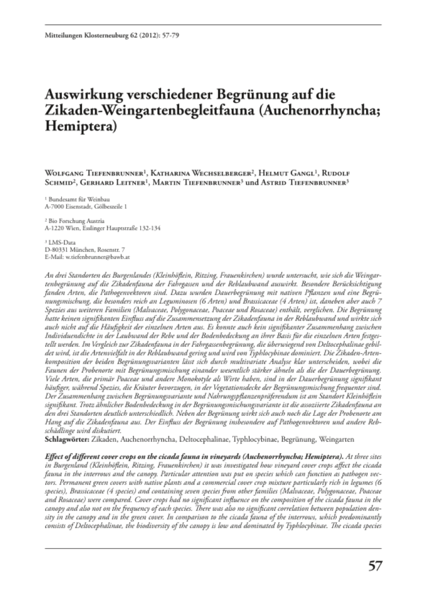 Auswirkungen verschiedener Begrünung auf die Zikaden-Weingartenbegleitfauna (Auchenorrhyncha; Hemiptera)