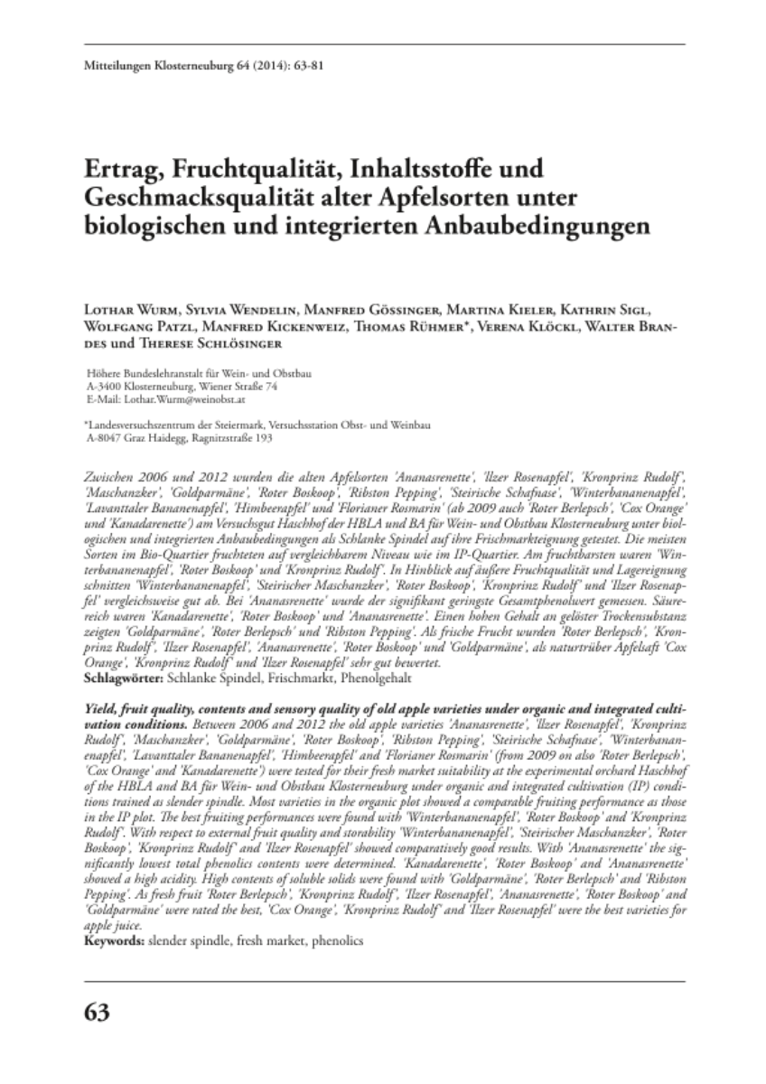 Ertrag, Fruchtqualität, Inhaltsstoffe und Geschmacksqualität alter Apfelsorten unter biologischen und integrierten Anbaubedingungen