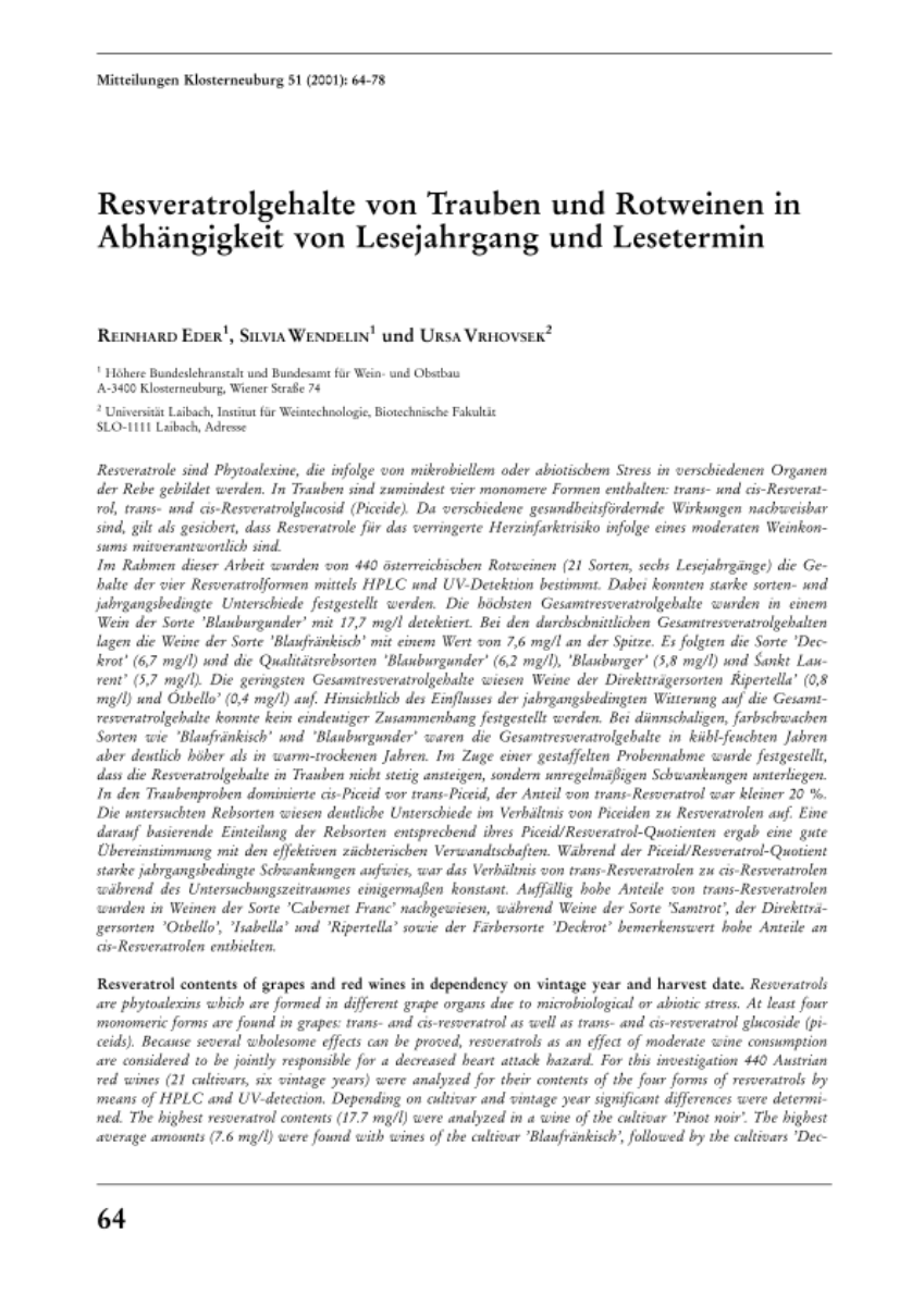 Resveratrolgehalte von Trauben und Rotweinen in Abhängigkeit von Lesejahrgang und Lesetermin