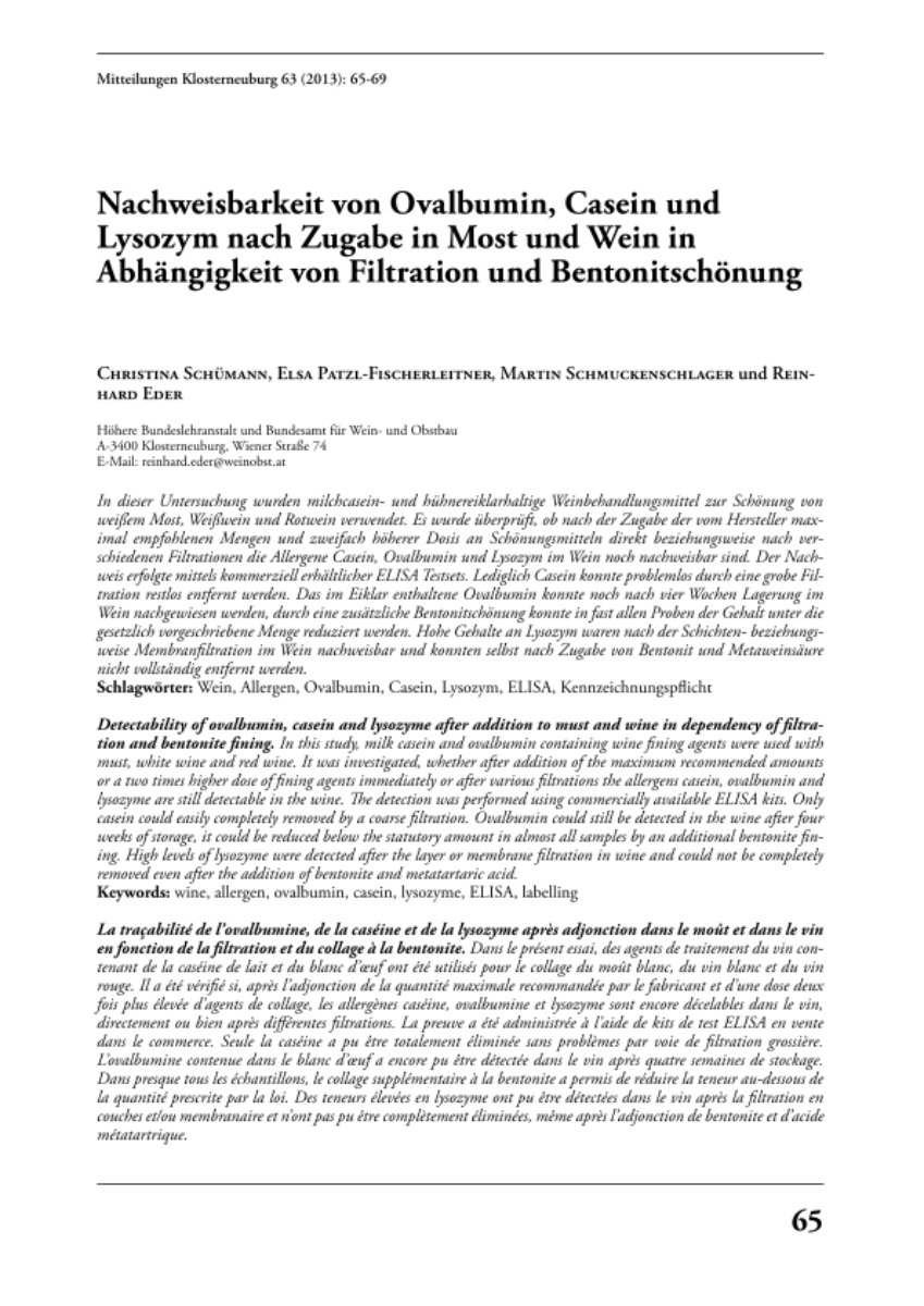 Nachweisbarkeit von Ovalbumin, Casein und Lysozym nach Zugabe in Most und Wein in Abhängigkeit von Filtration und Bentonitschönung