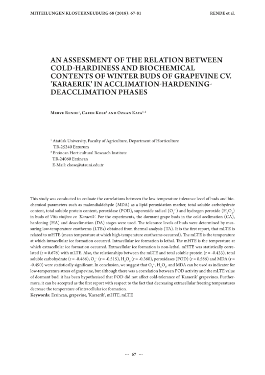 An assessment of the relation between cold-hardiness and biochemical contents of winter buds of grapevine cv. 'Karaerik' in acclimation-hardening-deacclimation phases