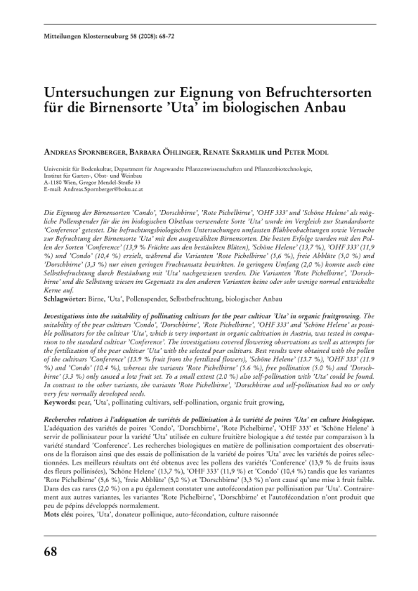 Untersuchungen zur Eignung von Befruchtersorten für die Birnensorte 'Uta' im biologischen Anbau