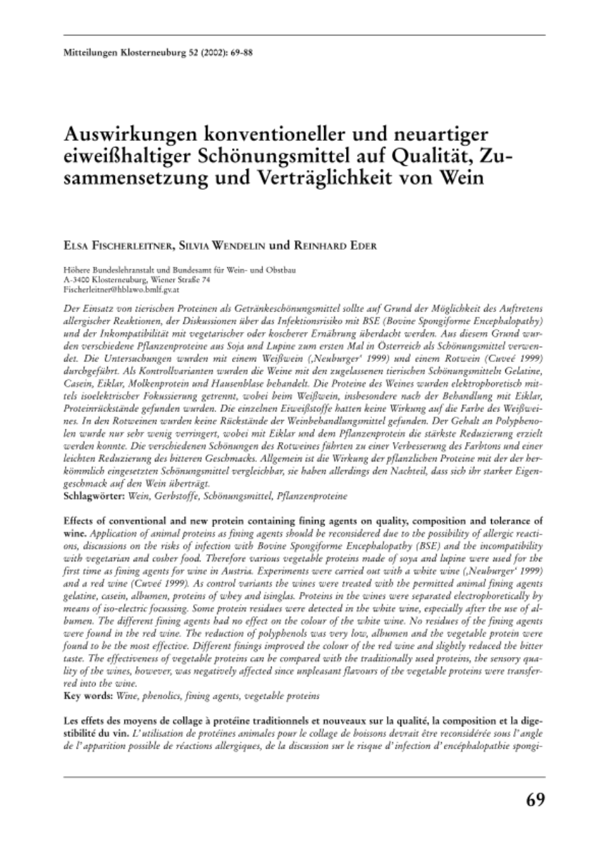 Auswirkungen konventioneller und neuartiger eiweißhaltiger Schönungsmittel auf Qualität, Zusammensetzung und Verträglichkeit von Wein