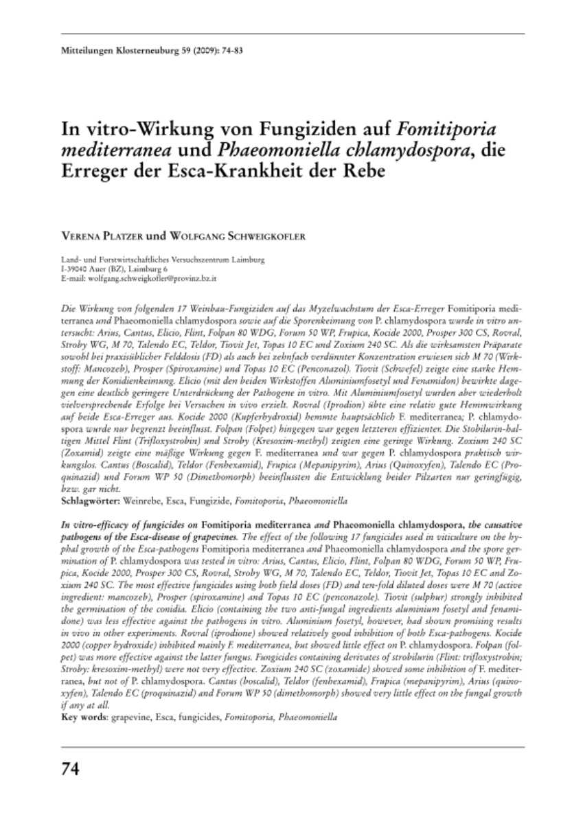 In vitro-Wirkung von Fungiziden auf Fomitiporia mediterranea und Phaeomoniella chlamydospora, die Erreger der Esca-Krankheit der Rebe
