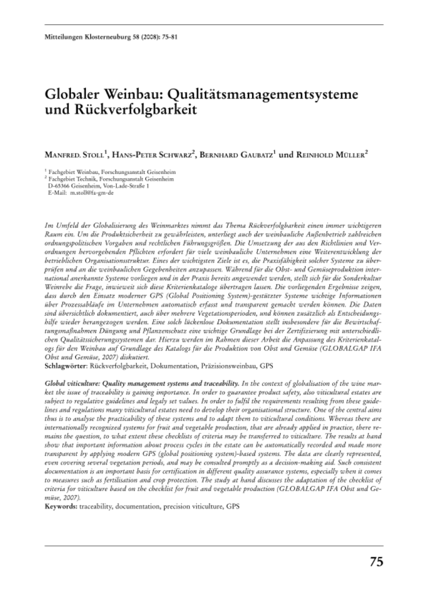 Globarer Weinbau: Qualitätsmanagementsysteme und Rückverfolgbarkeit