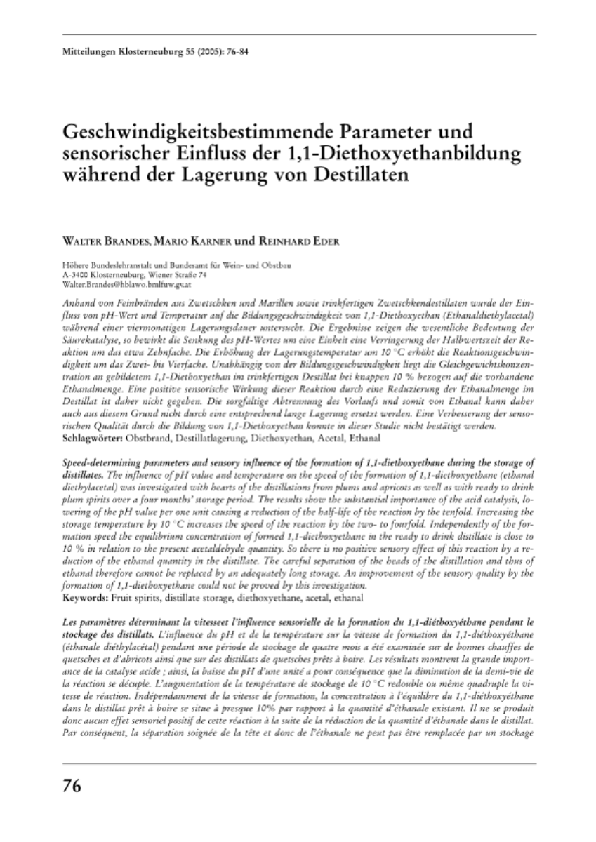 Geschwindigkeitsbestimmende Parameter und sensorischer Einfluss der 1,1-Diethoxyethanbildung während der Lagerung von Destillaten