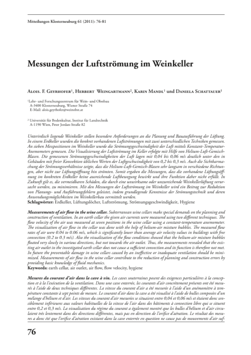 Messungen der Luftströmungen im Weinkeller 