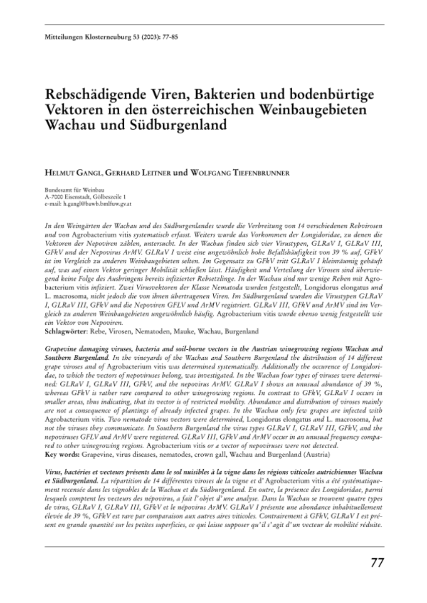 Rebschädigende Viren, Bakterien und bodenbürtige Vektoren in den österreichischen Weinbaugebieten Wachau und Südburgenland