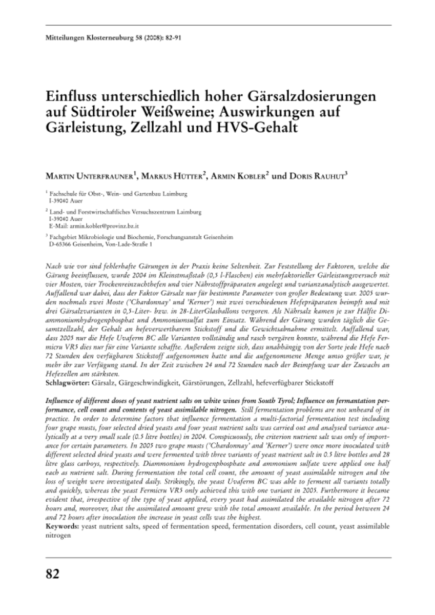Einfluss unterschiedlich hoher Gärsalzdosierungen auf Südtiroler Weißweine; Auswirkungen auf Gärleistung, Zellzahl und HVS-Gehalt