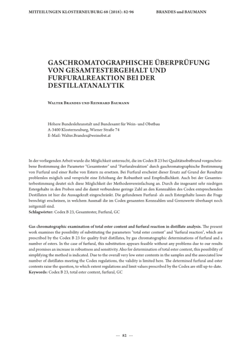 Gaschromatographische Überprüfung von Gesamtestergehalt und Furfuralreaktion bei der Destillatanalytik