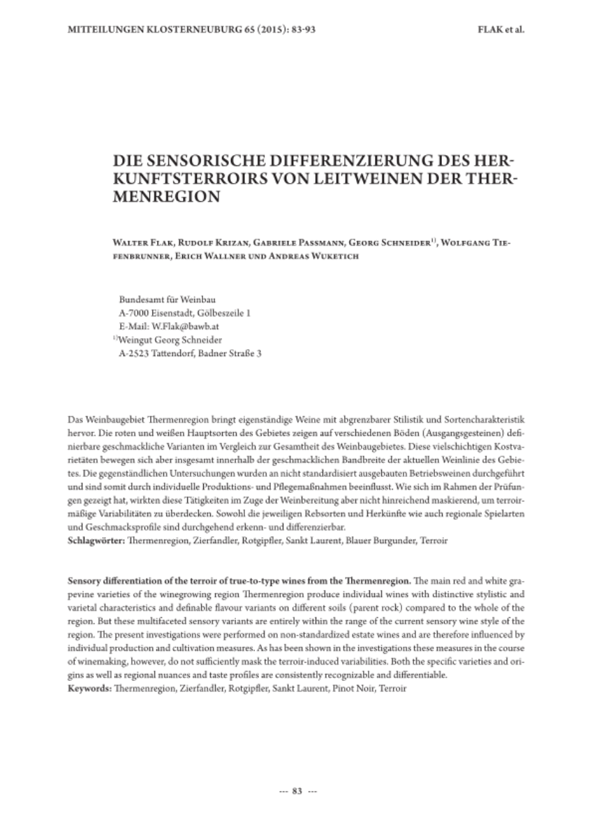 Die sensorische Differenzierung des Herkunftsterroirs von Leitweinen der Thermenregion