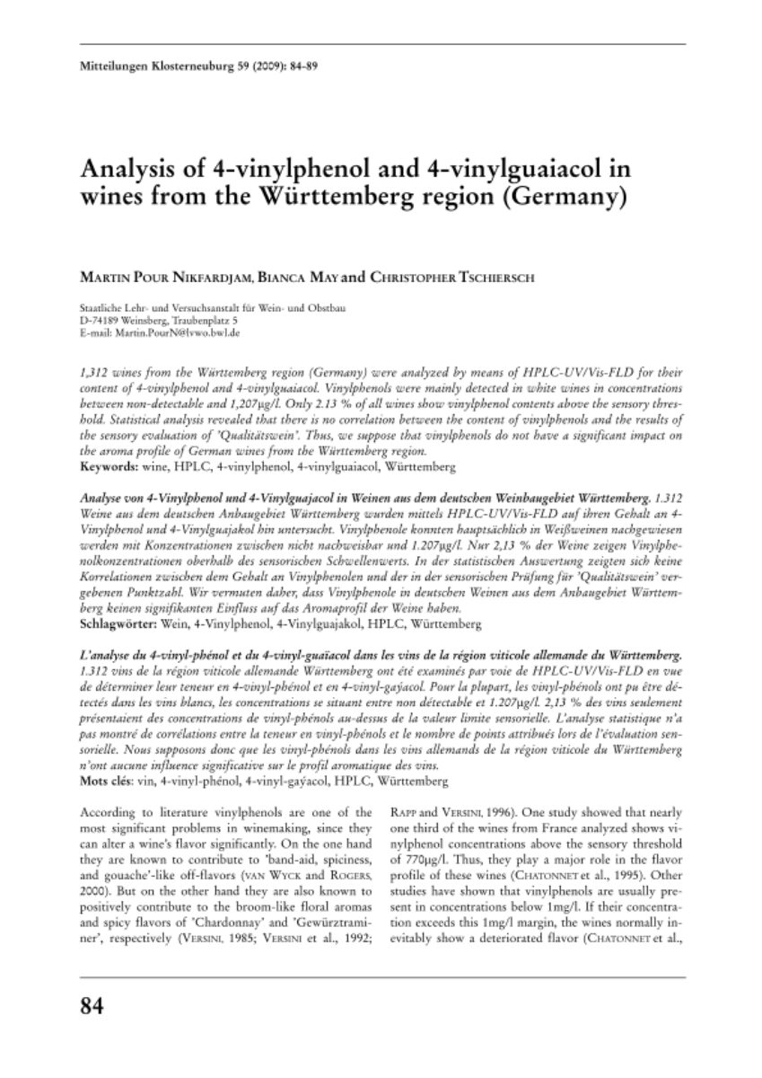Analysis of 4-vinylphenol and 4-vinylguaiacol in wines from the Württemberg region (Germany)