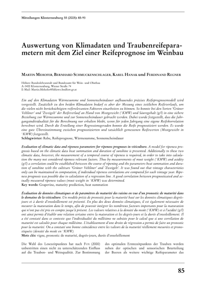 Auswertung von Klimadaten und Traubenreifeparametern mit dem Ziel einer Reifeprognose im Weinbau