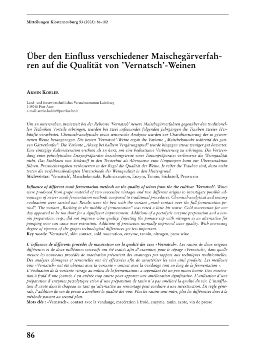 Über den Einfluss verschiedener Maischegärverfahren auf die Qualität von „Vernatsch“-Weinen