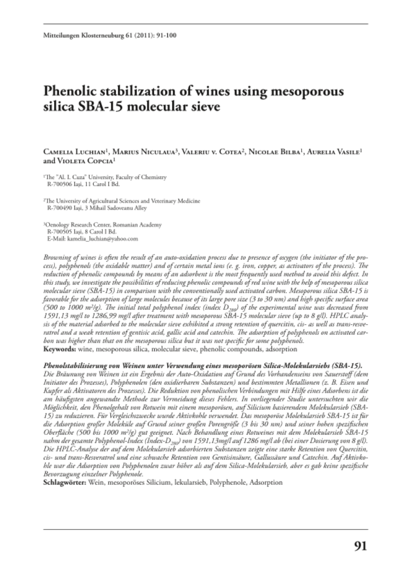 Phenolic stabilization of wines using mesoporous silica SBA-15 molecular sieve