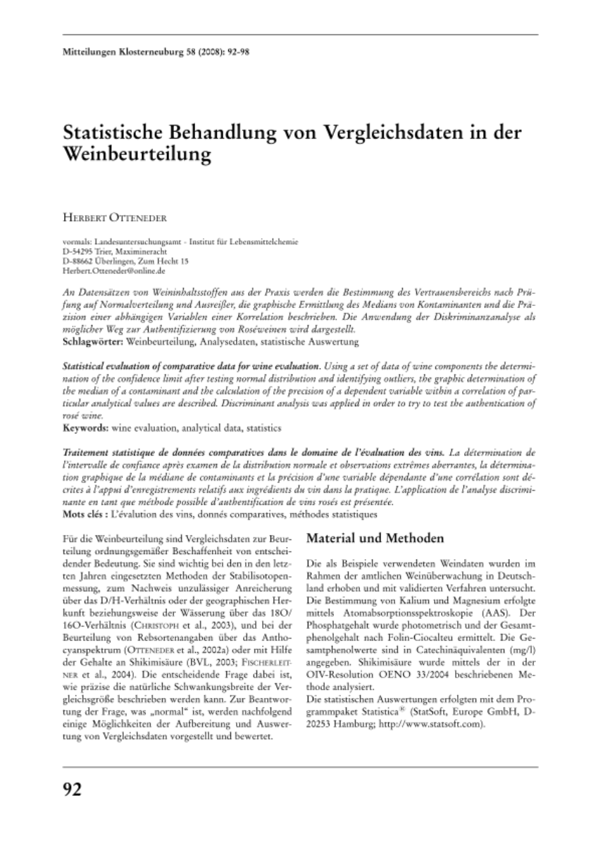 Statistische Behandlung von Vergleichsdaten in der Weinbeurteilung