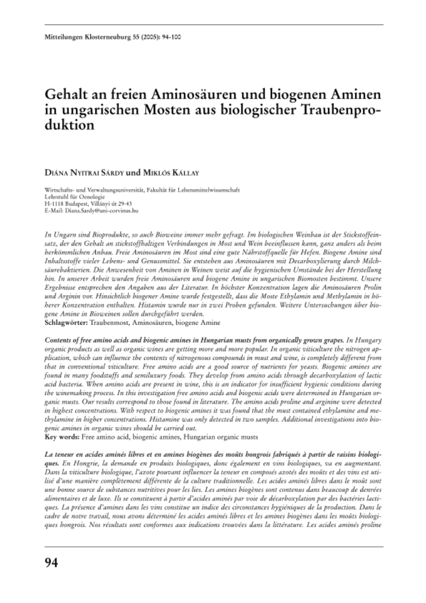 Gehalt an freien Aminosäuren und biogenen Aminen in ungarischen Mosten aus biologischer Traubenproduktion