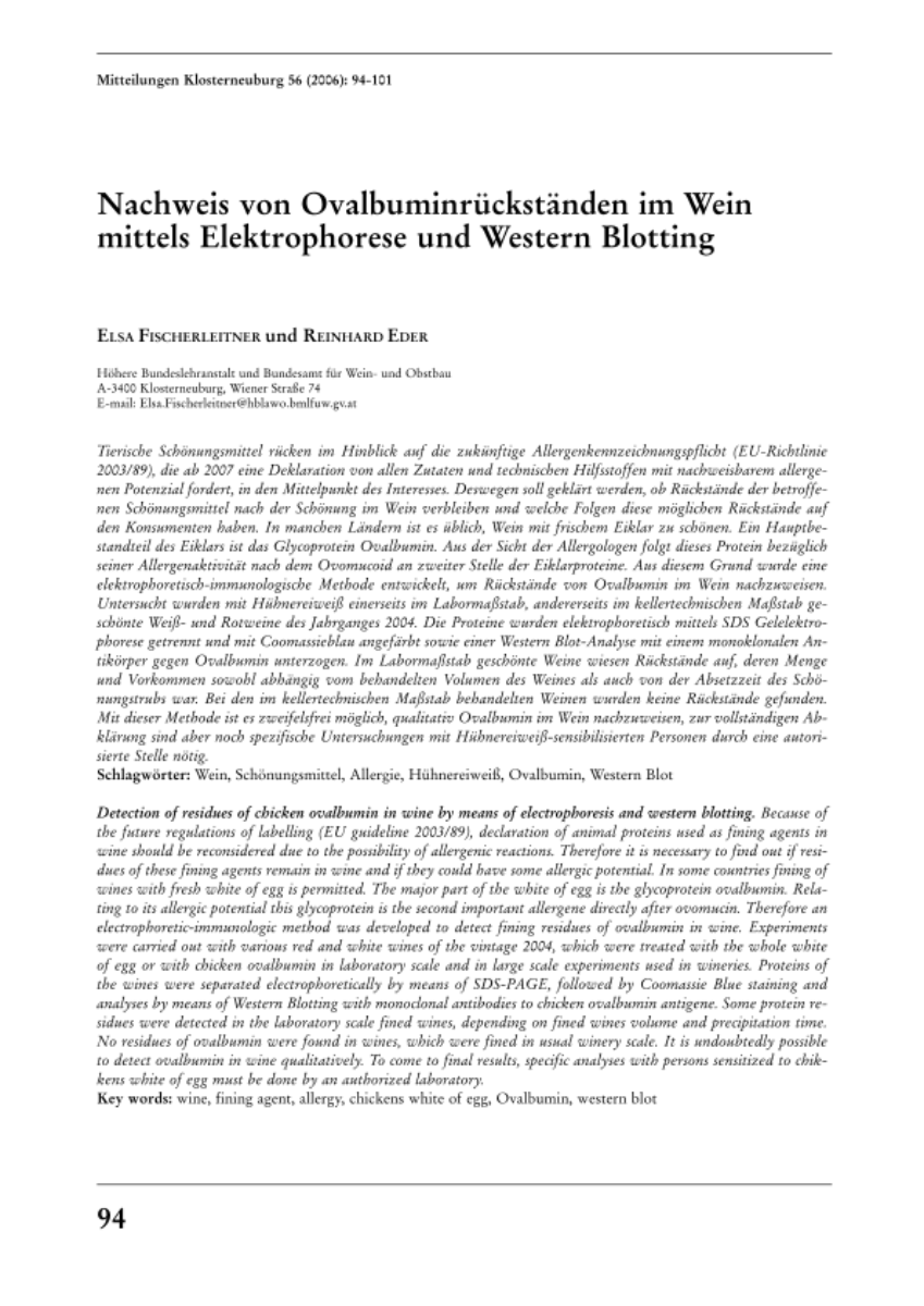 Nachweis von Ovalbuminrückständen im Wein mittels Elektrophorese und Western Blotting