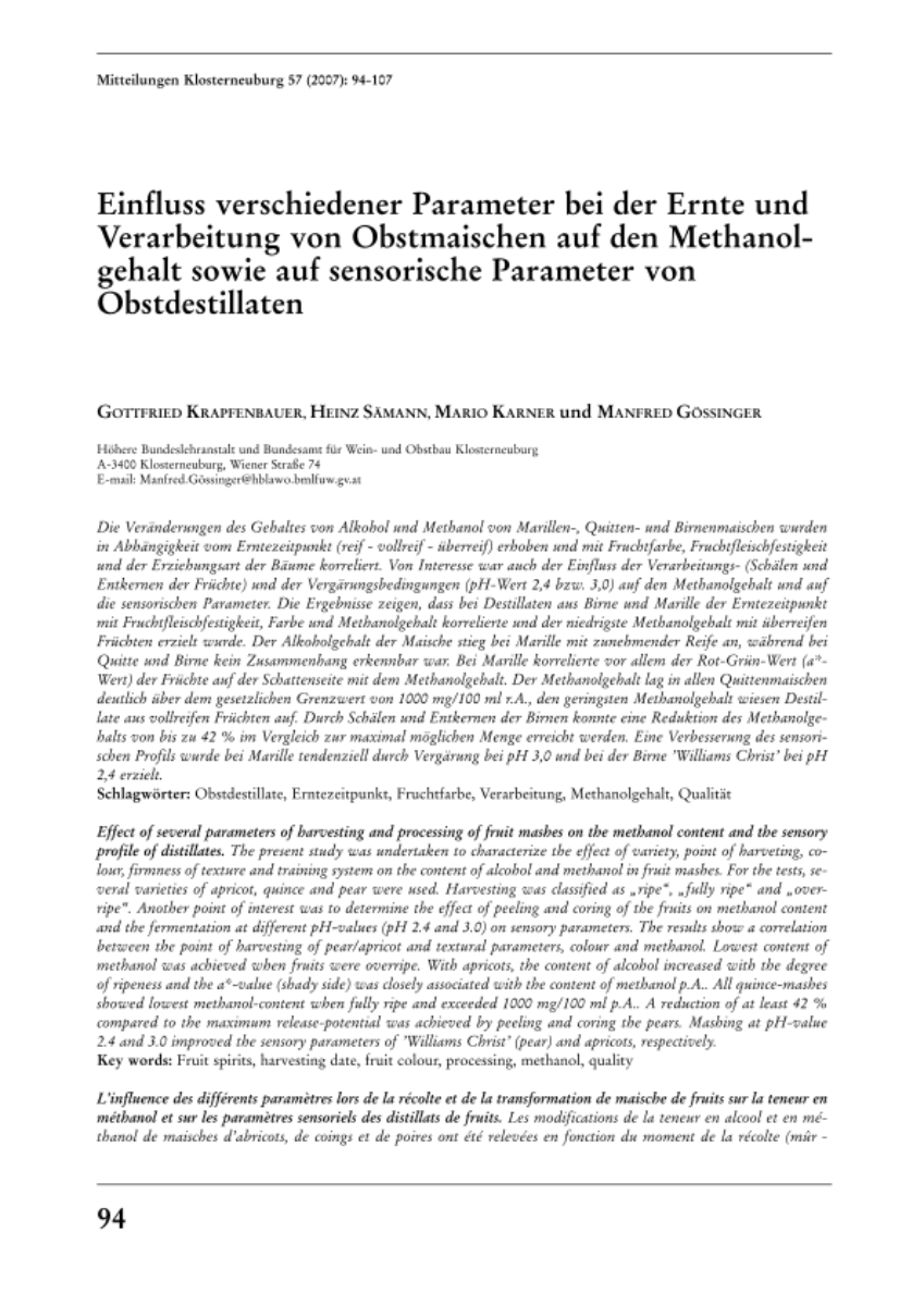 Einfluss verschiedener Parameter bei der Ernte und Verarbeitung von Obstmaischen auf den Methanolgehalt sowie auf sensorische Parameter von Obstdestillaten