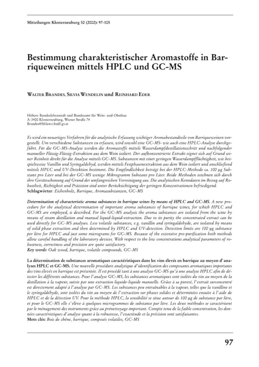 Bestimmung charakteristischer Aromastoffe in Barriqueweinen mittels HPLC und GC-MS